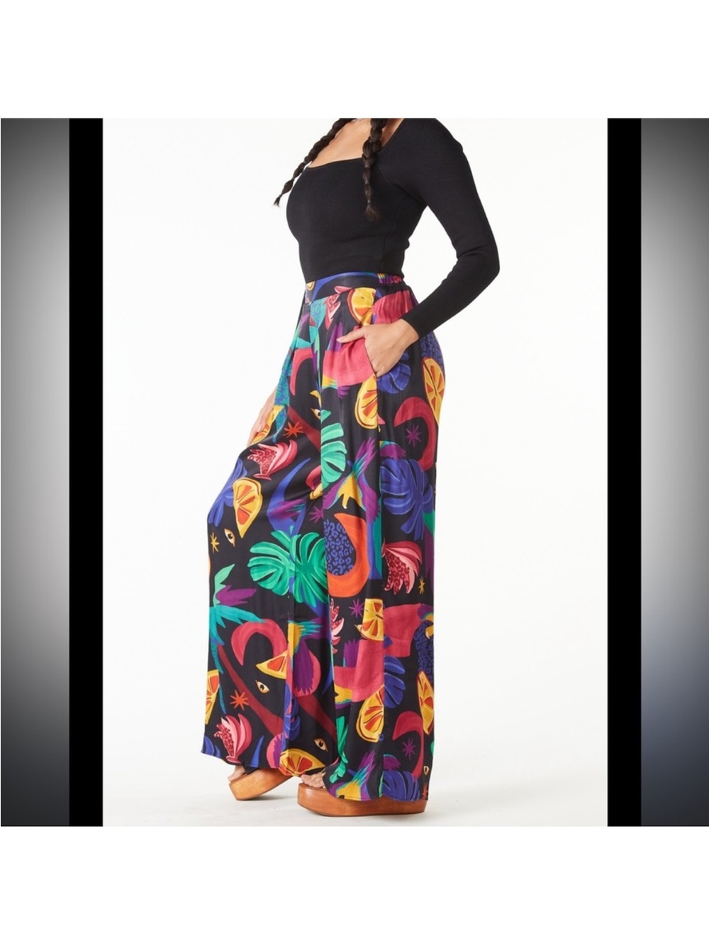 FARM Rio Black Maxi Skirt with Vibrant Tropical Print